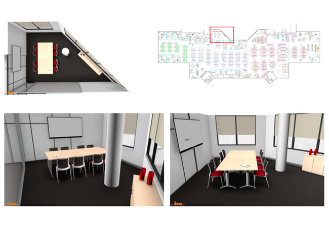 Plano de espacio de trabajo de proyecto de reforma de oficina. Vistas 3D y renders de sala de reuniones. 