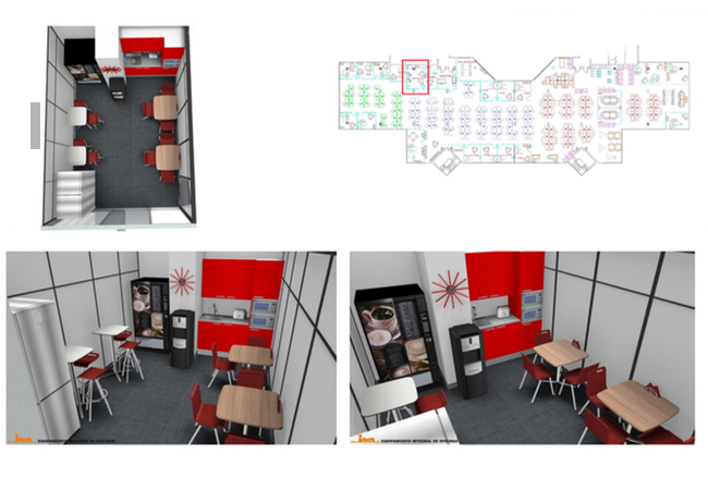 Plano de espacio de trabajo de proyecto de reforma de oficina. Vistas 3D y renders de zona de descanso, comedor y zona de office.