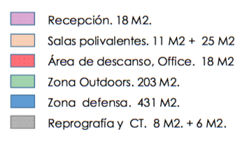 Leyenda de plano de espacio de trabajo después de reforma, en proyecto de reforma de oficina.