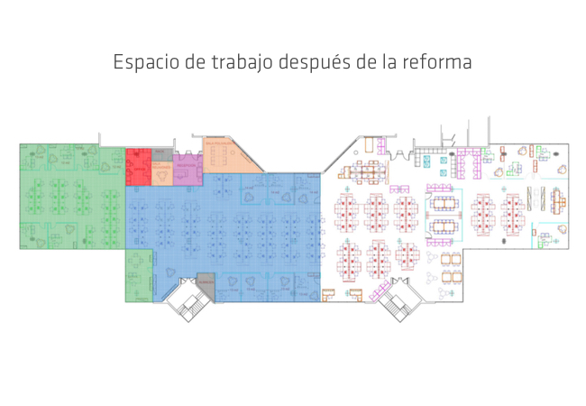 Plano de espacio de trabajo después de reforma, en proyecto de reforma de oficina.