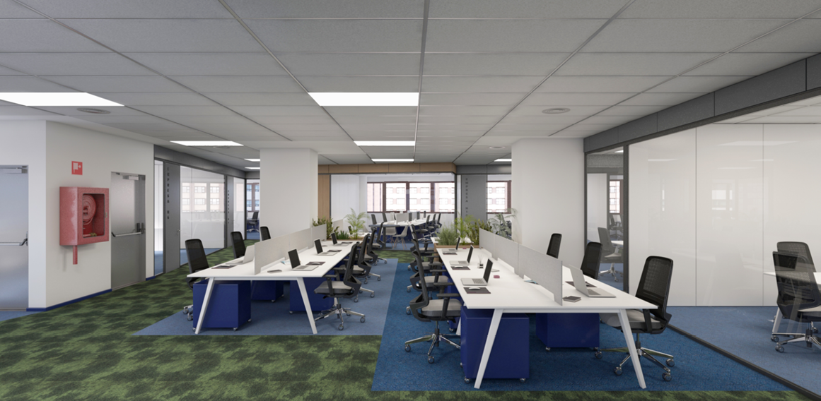 Coworking render 3D propuesta de diseño de espacio de oficina en Madrid