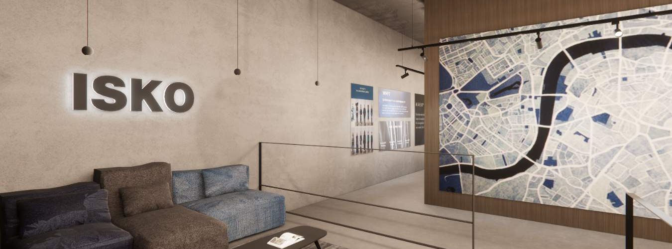 Render de diseño de zona de entrada de oficina con sofás y decoración