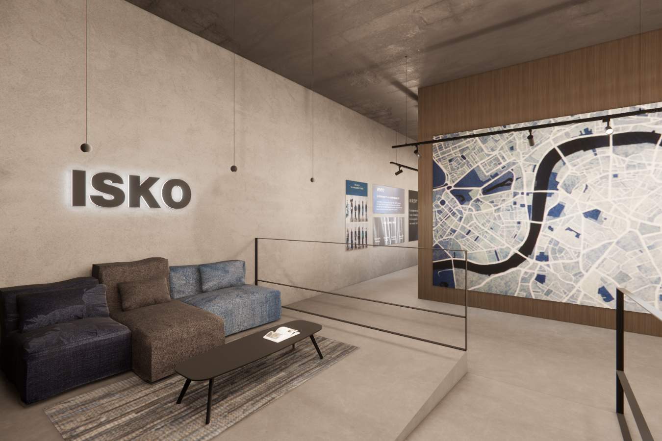 Render de diseño de zona de entrada de oficina con sofás y decoración