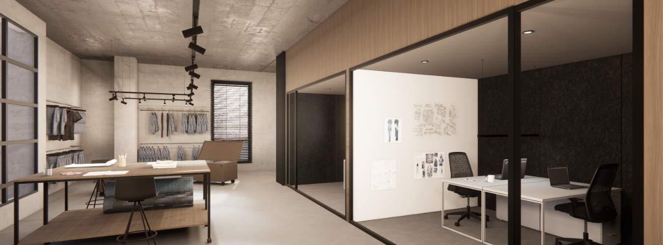Proyecto de diseño de oficina_Zona de trabajo con compartimentación y mobiliario