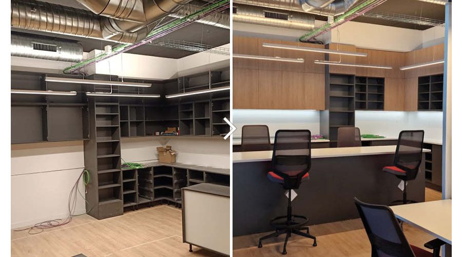 Equipamiento de oficina con mobiliario estándar y carpintería a medida en Madrid_Proceso de obra