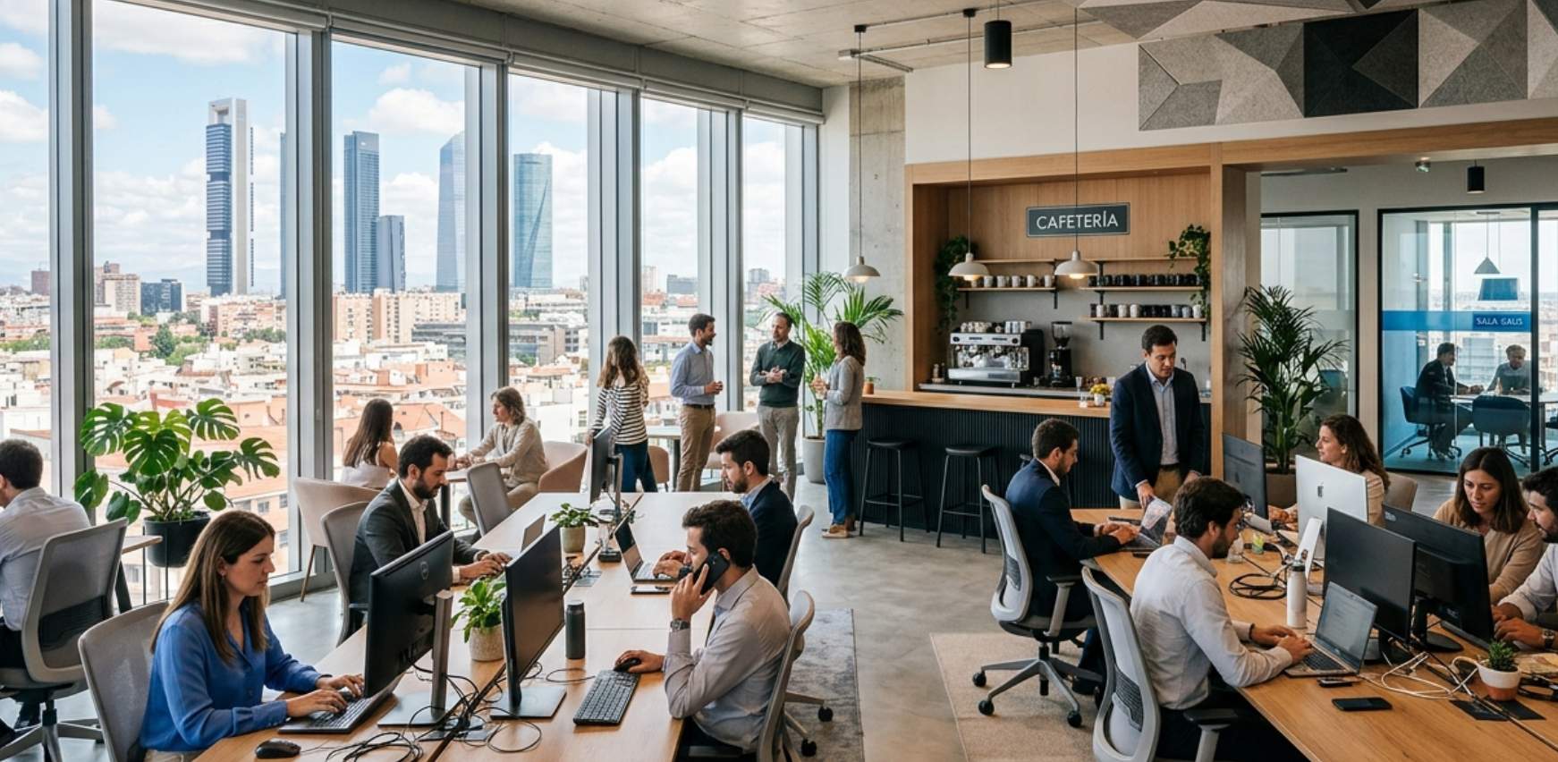 Equipo de trabajo en oficina de Madrid con gran ventanal