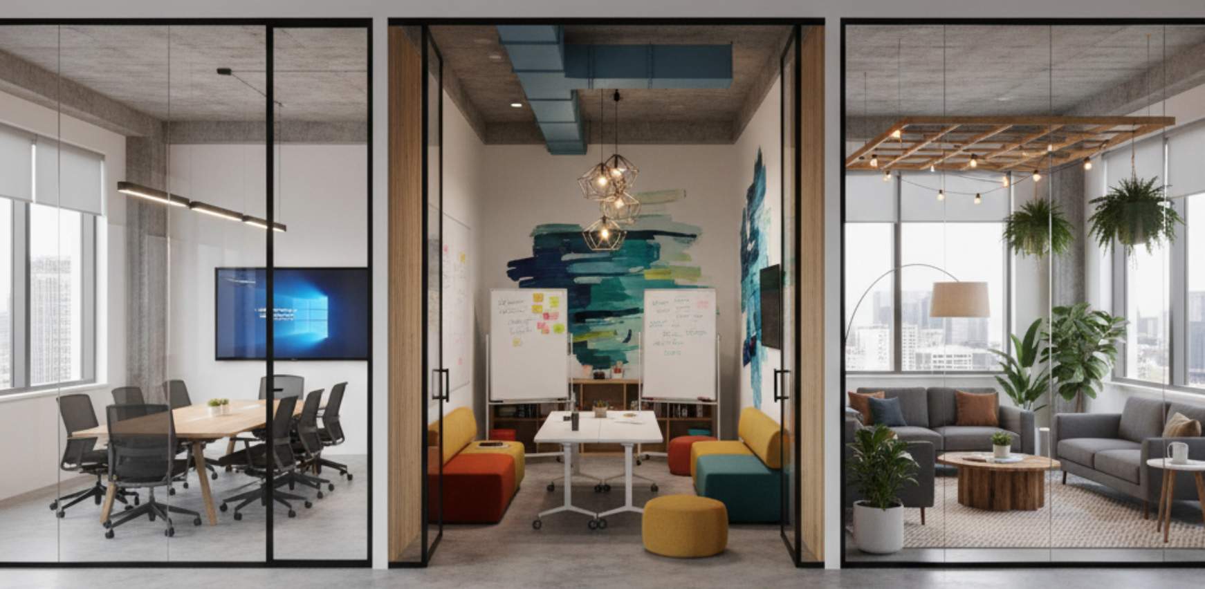 Sala de reuniones con colores cálidos en oficina moderna