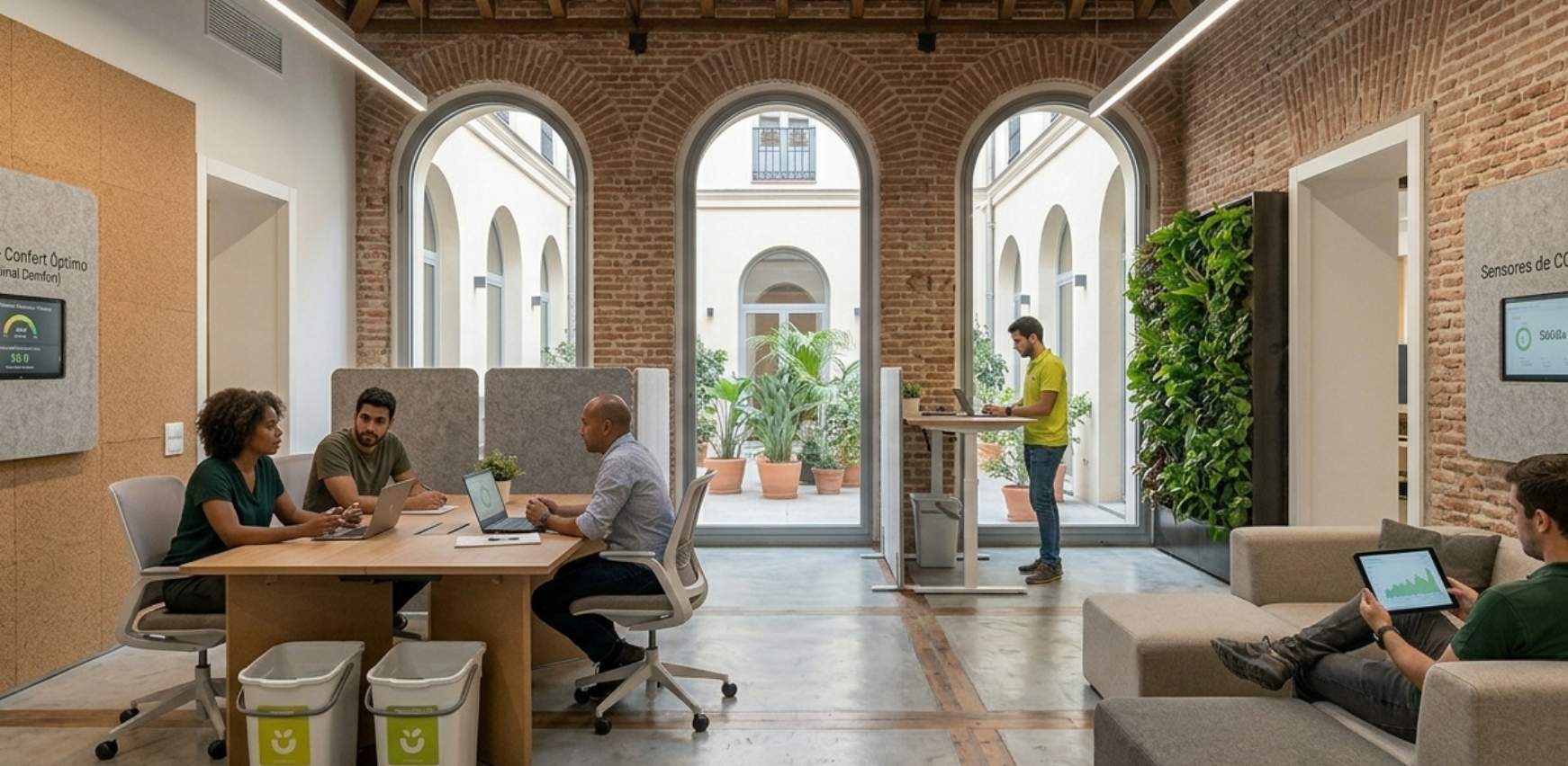 Oficina con detalles arquitectónicos con mobiliario estándar de trabajo