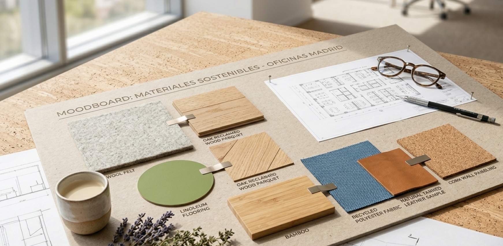 Moodboard de materiales sostenibles en reforma de oficina moderna