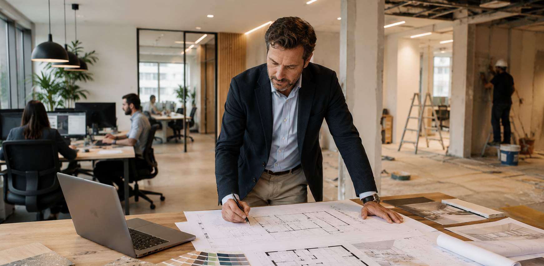 Arquitecto realizando proyecto de reforma de oficina in situ