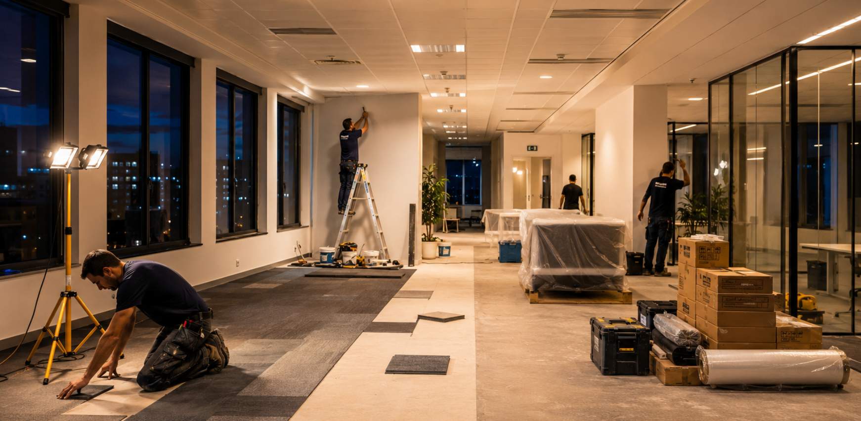 Equipo de construcción realizando trabajos de reforma de oficina de noche