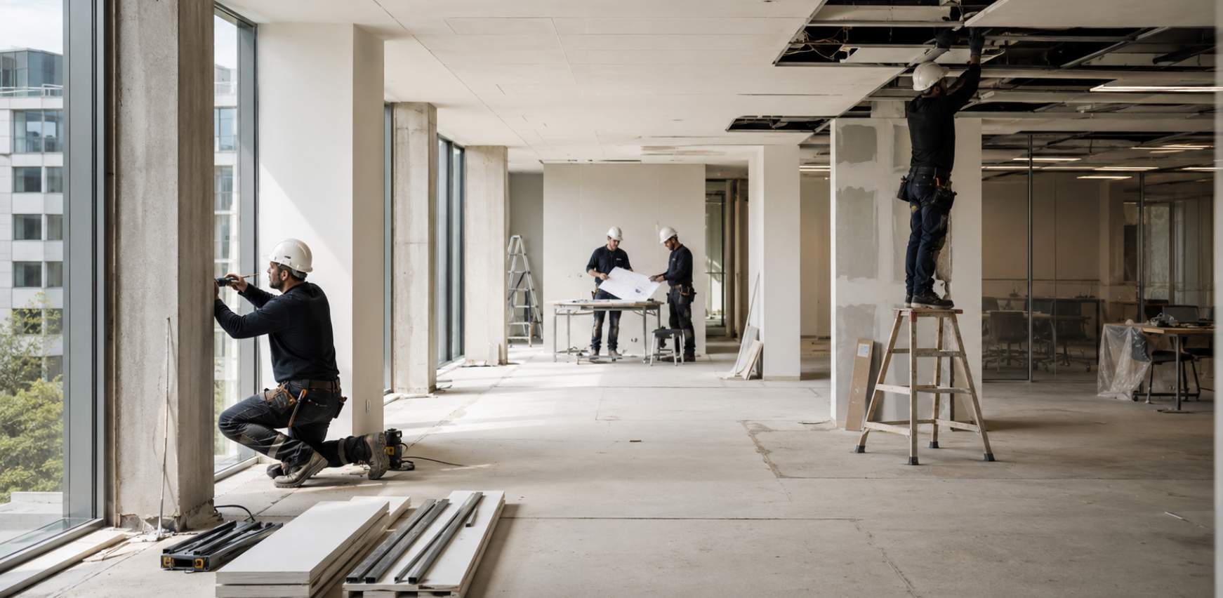 Reforma de oficina con equipo de obra trabajando
