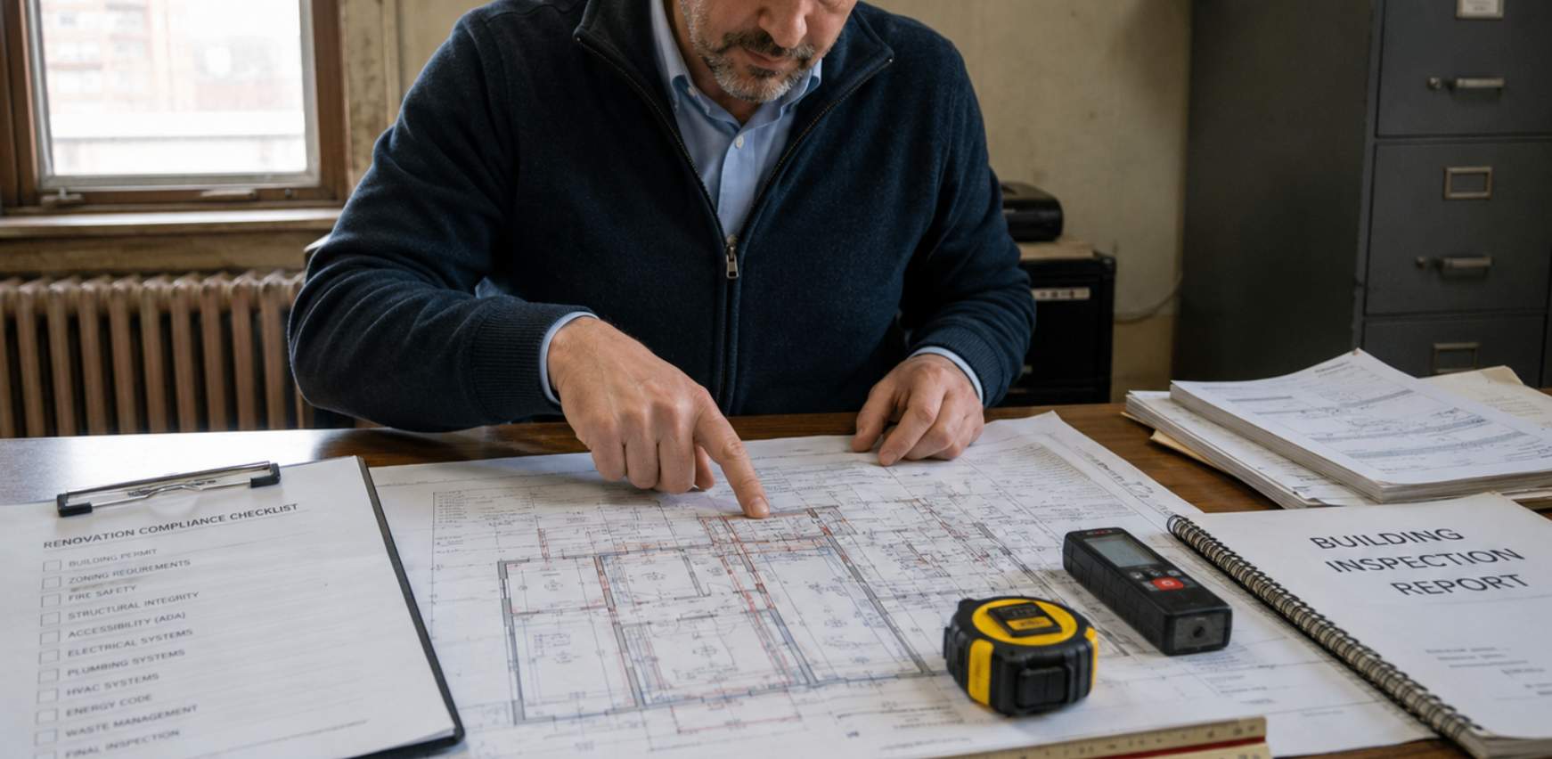 Persona mirando planos y normativa de arquitectura para reforma de oficina
