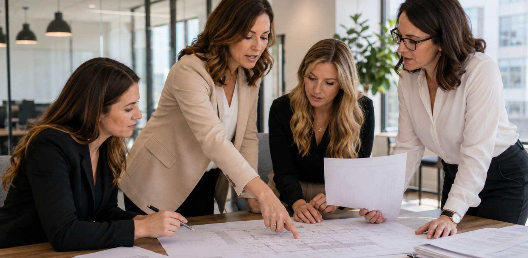 Mujeres viendo planos de arquitectura interior en mesa de reuniones de oficina
