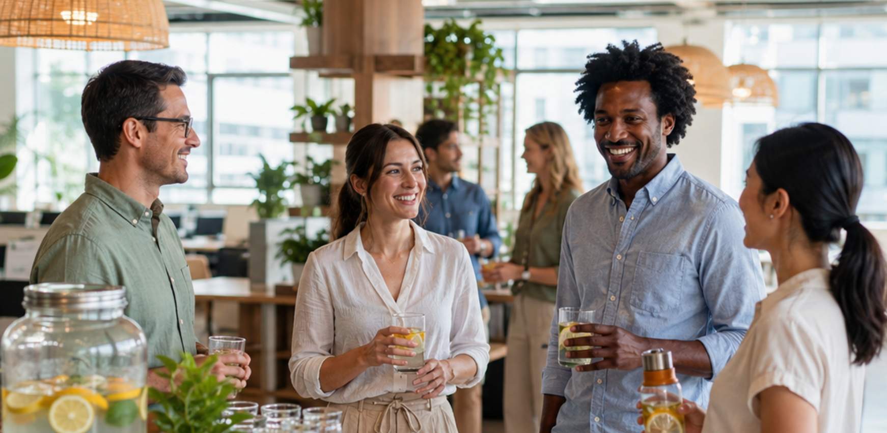 Equipo de trabajo en oficina con bebida refrescante de verano