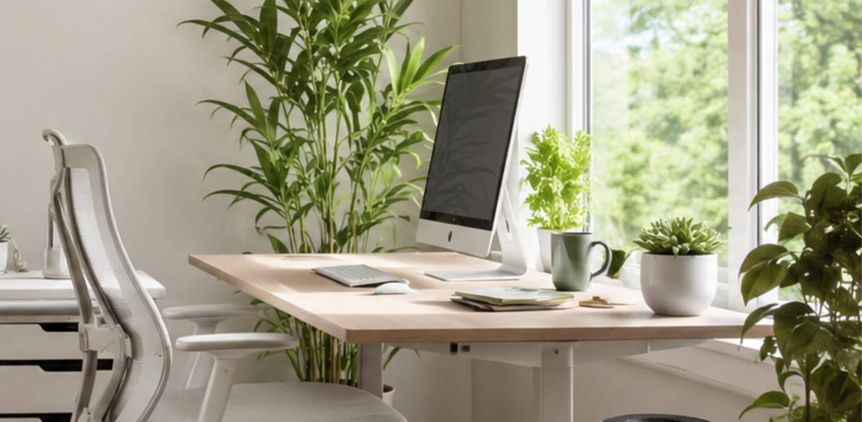 Puesto de trabajo con vegetación natural en oficina