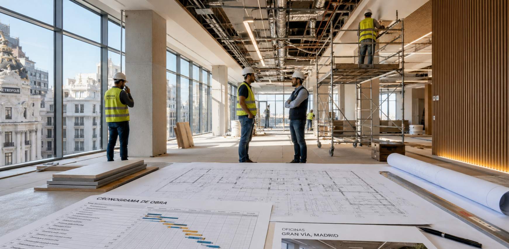 Equipo de obra en reforma de oficina con planos de obra y arquitectos