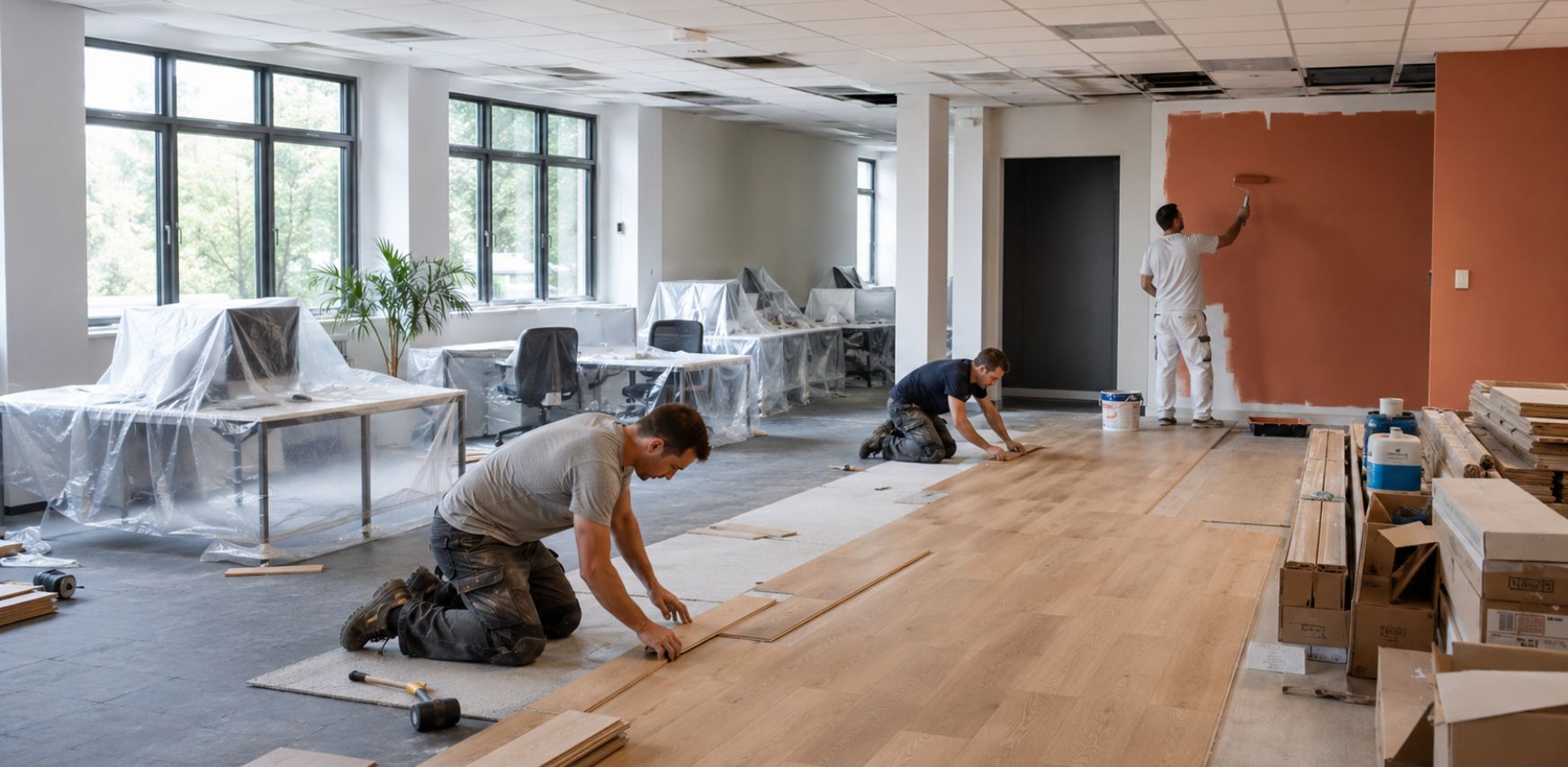 Reforma de oficina en agosto con obra en curso y luz natural