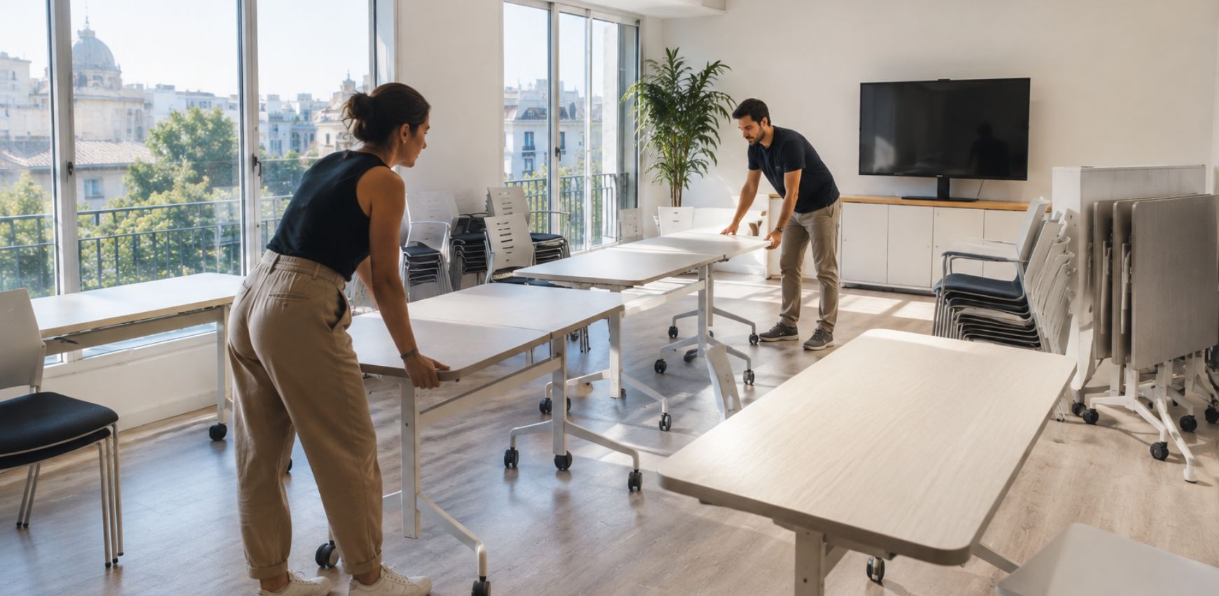 Sala de oficina con mobiliario plegable y apilable para reorganizar espacios en verano