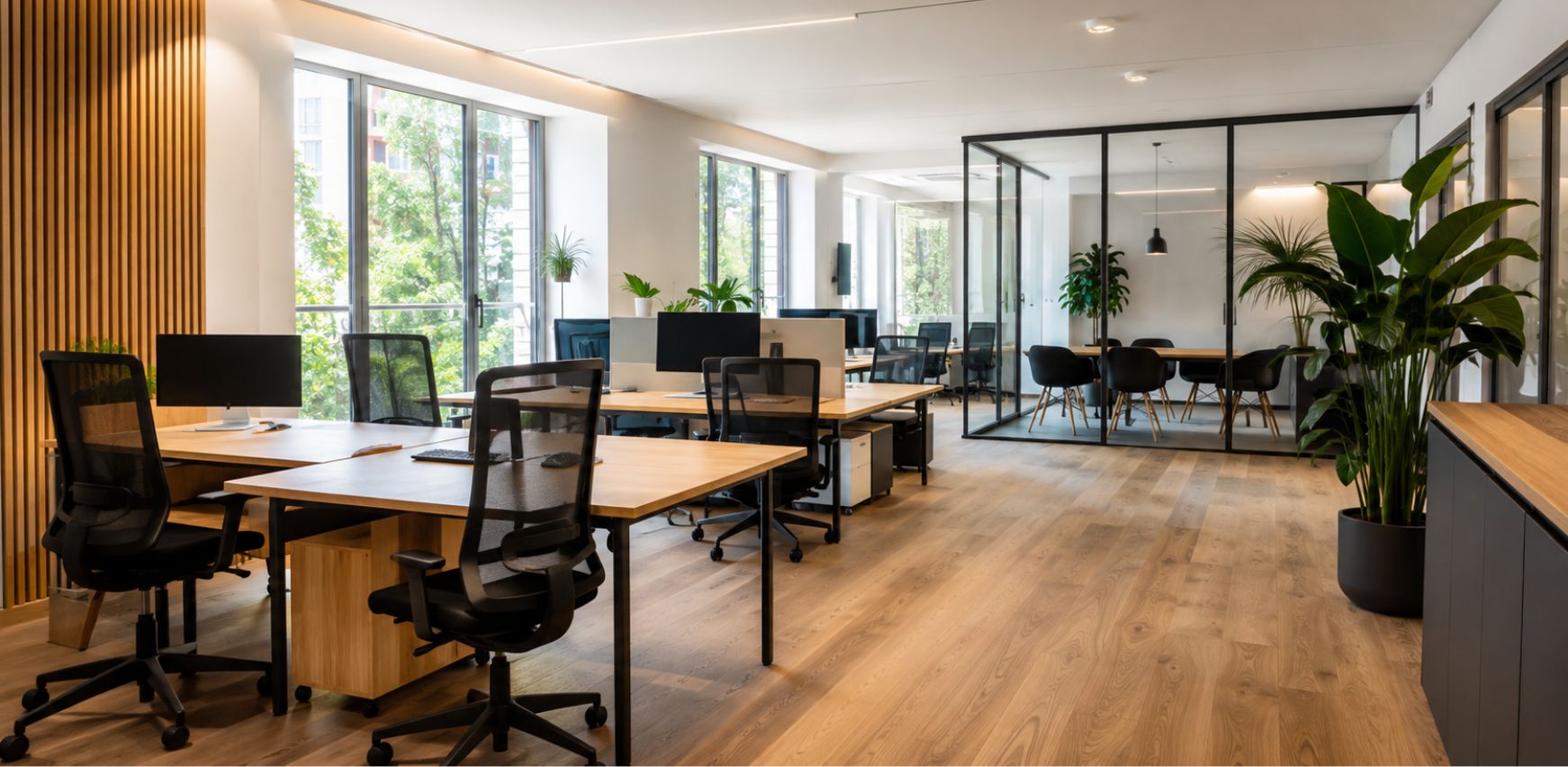 Reforma integral de una oficina moderna con puestos de trabajo, mamparas de cristal y zona de reuniones.