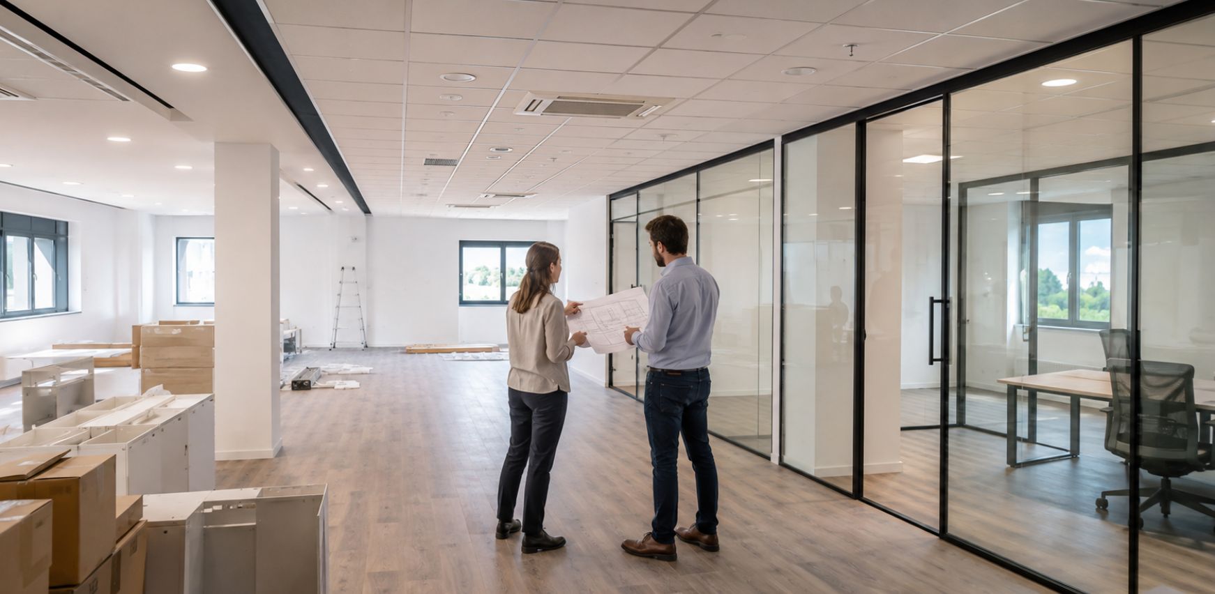 Reforma integral de oficinas con renovación de suelo, iluminación, mamparas y mobiliario.