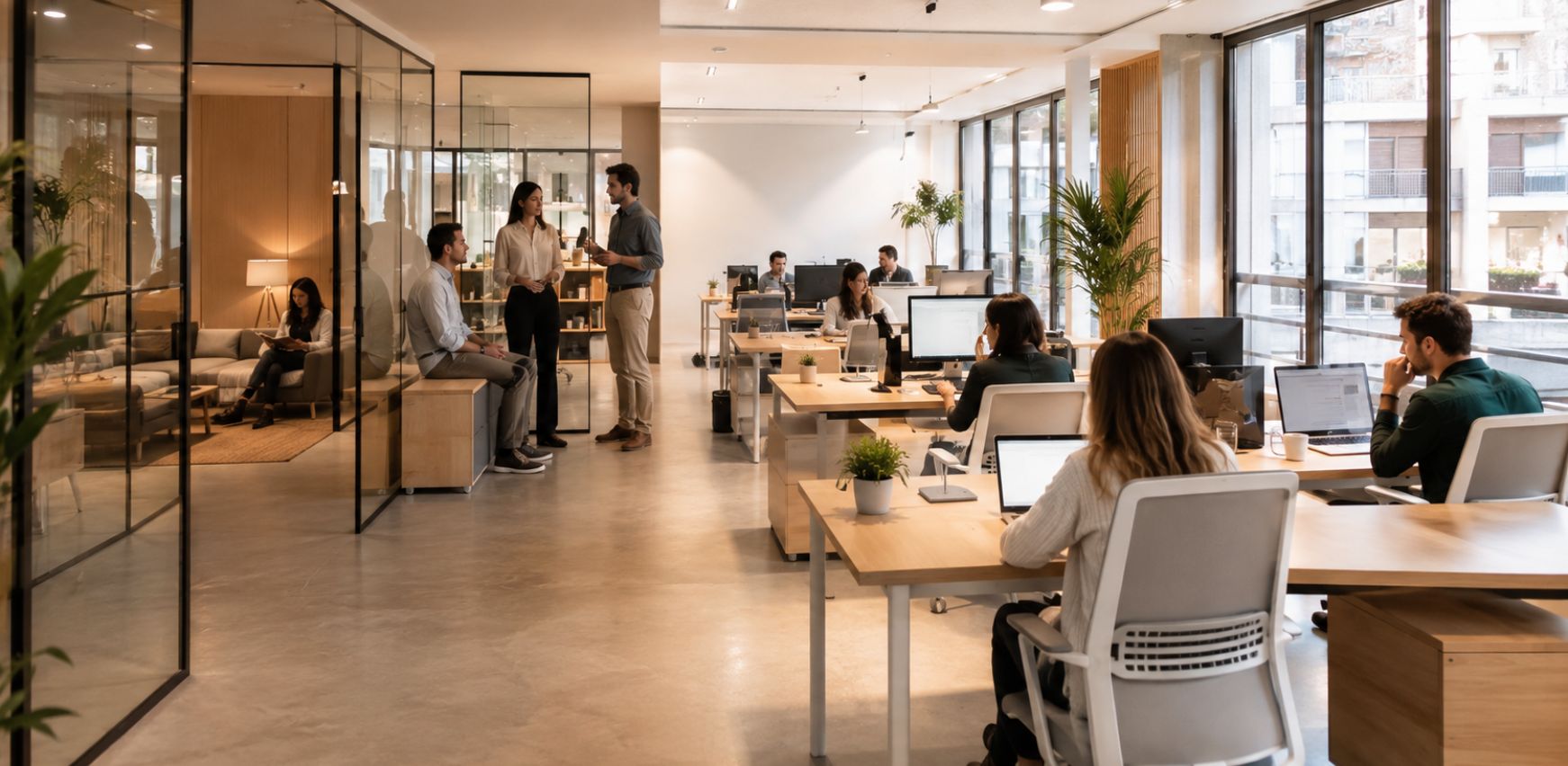 Oficina reformada y en funcionamiento con puestos de trabajo, zona de reunión y mobiliario moderno.