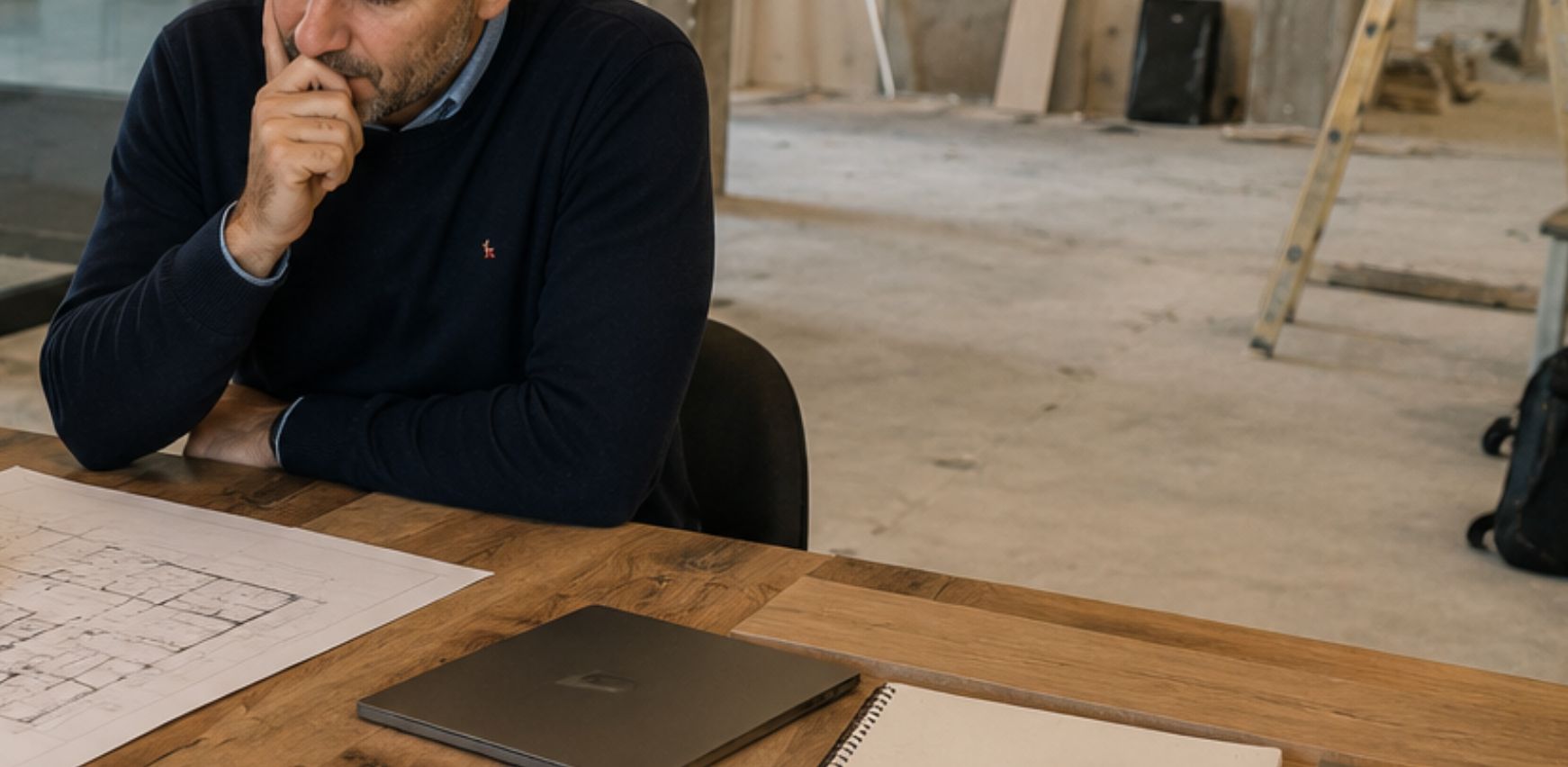 Planificación del mobiliario de oficina con plano, muestras y estudio de distribución