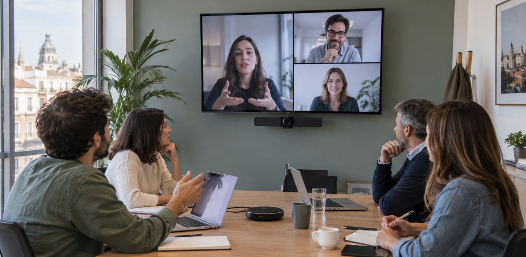 Sala de videoconferencia híbrida con participantes presenciales y remotos.