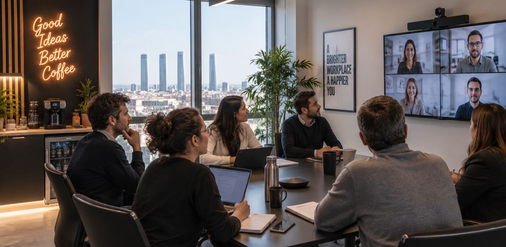 Sala de reuniones híbrida terminada con equipamiento audiovisual integrado en oficina en Madrid