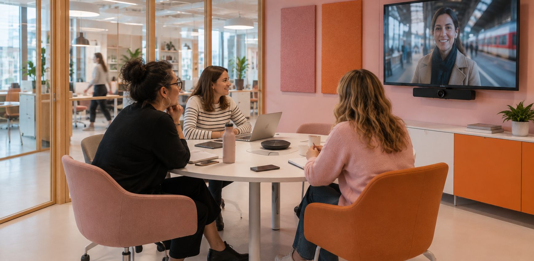 Pantalla para videollamadas en una sala de reuniones híbrida