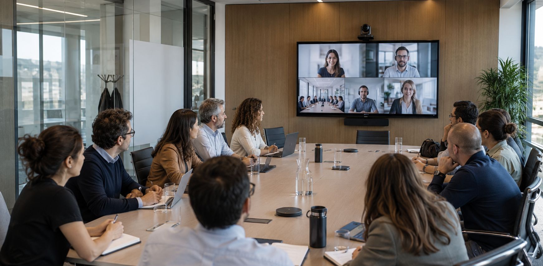 Equipamiento audiovisual para una sala de videoconferencia grande