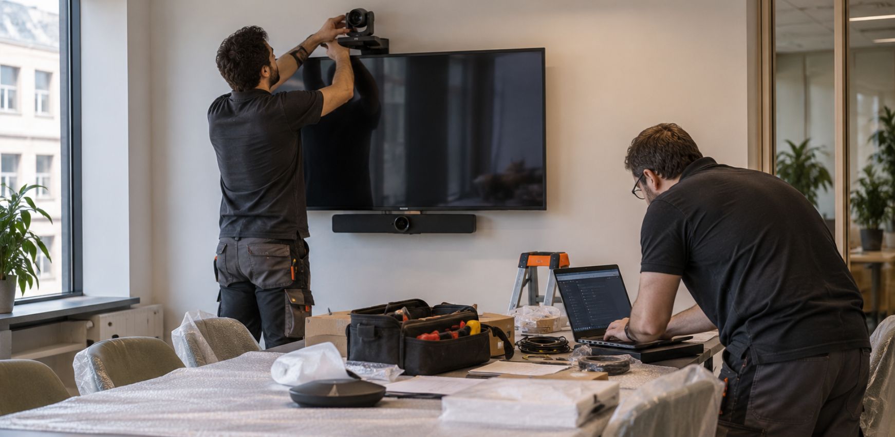 Instalación de equipamiento audiovisual en una sala de reuniones híbrida en oficina