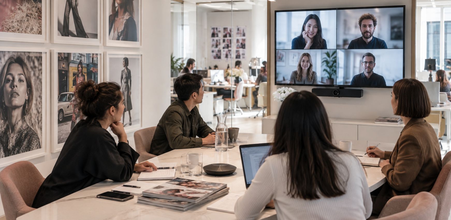 Sala de reuniones híbrida integrada en una oficina reformada en tonos blancos