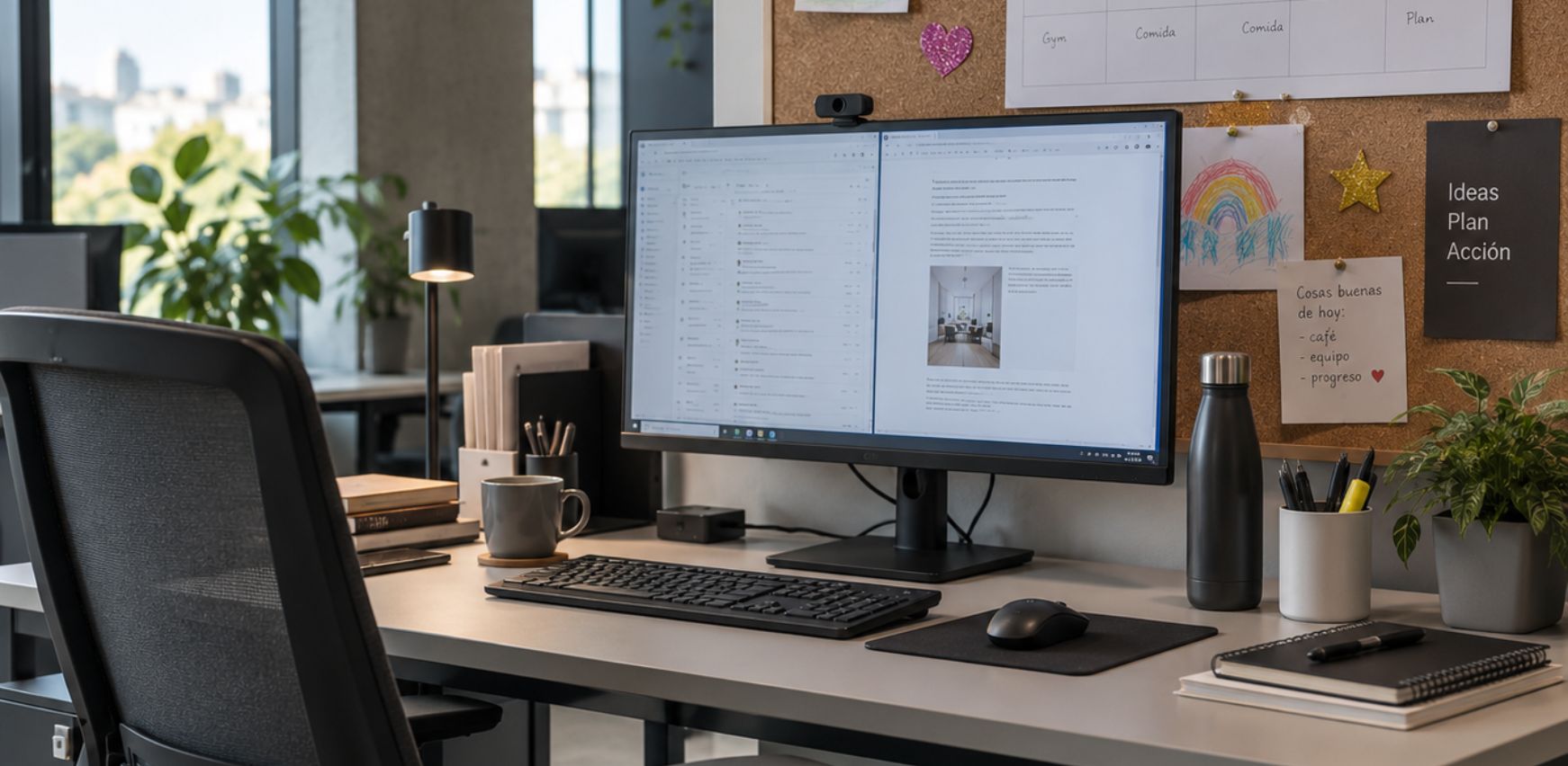Puesto de trabajo ergonómico dentro de una oficina moderna