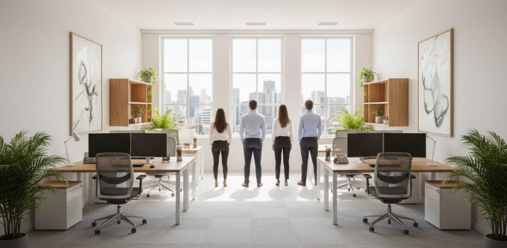 Equipo de trabajo en oficina recién reformada