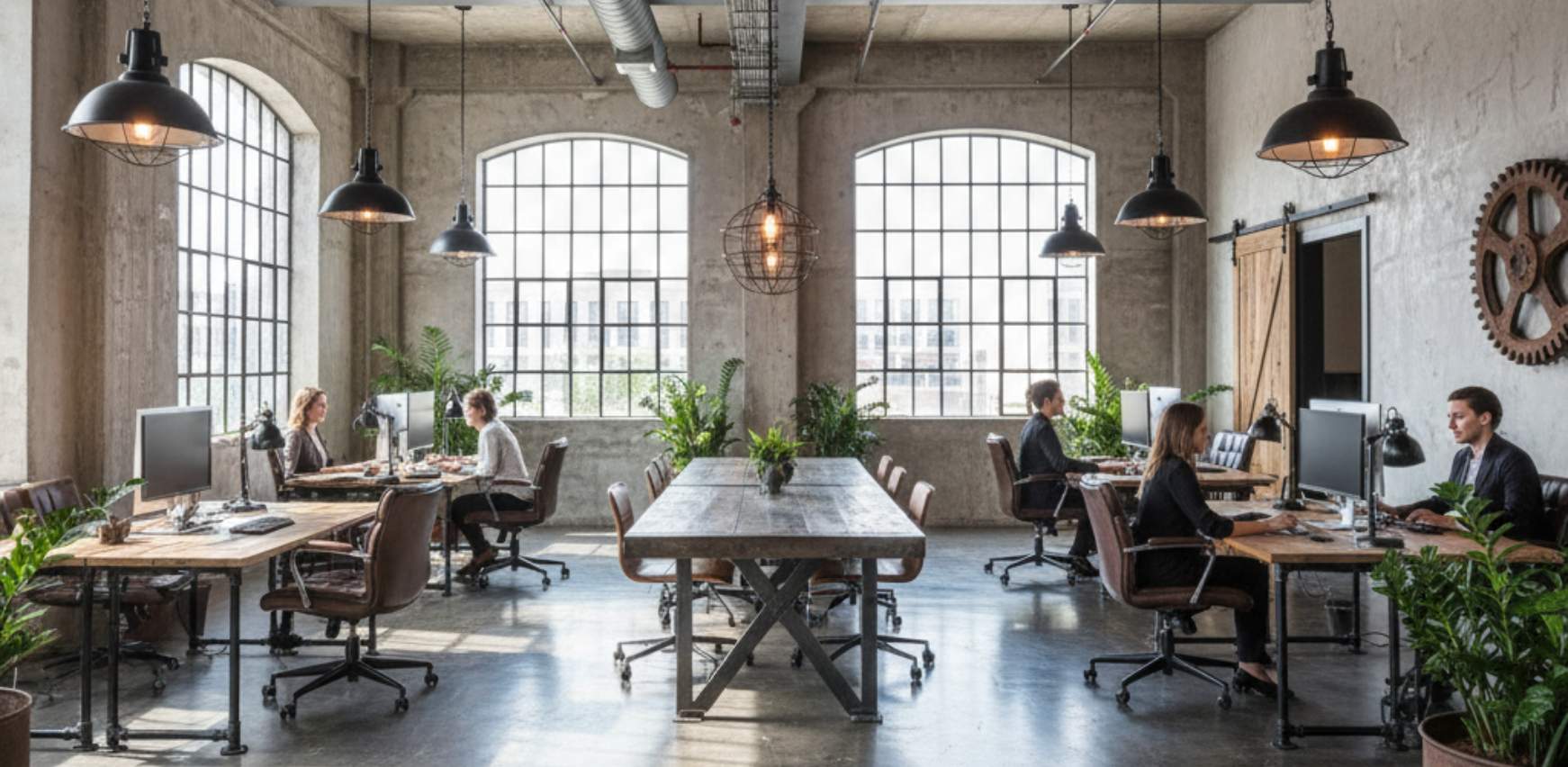 Espacio de trabajo de estilo industrial tras reforma de oficina