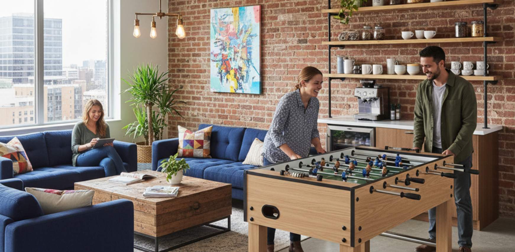 Zona de juegos, descanso y coffee point en oficina moderna