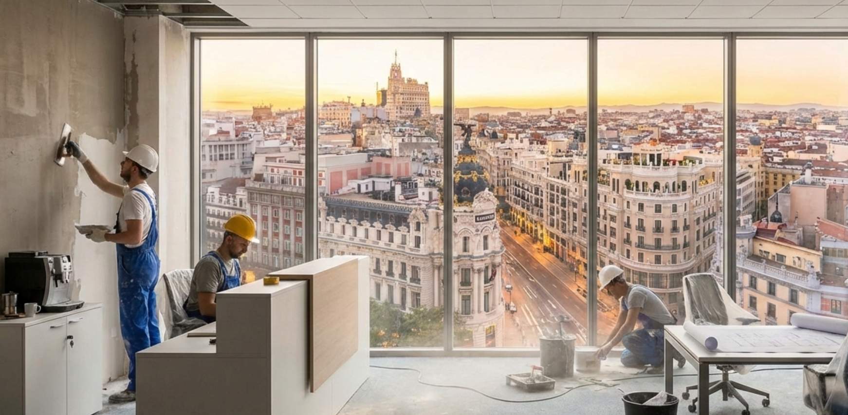 Reforma de oficina en Madrid con obreros trabajando ante gran ventanal