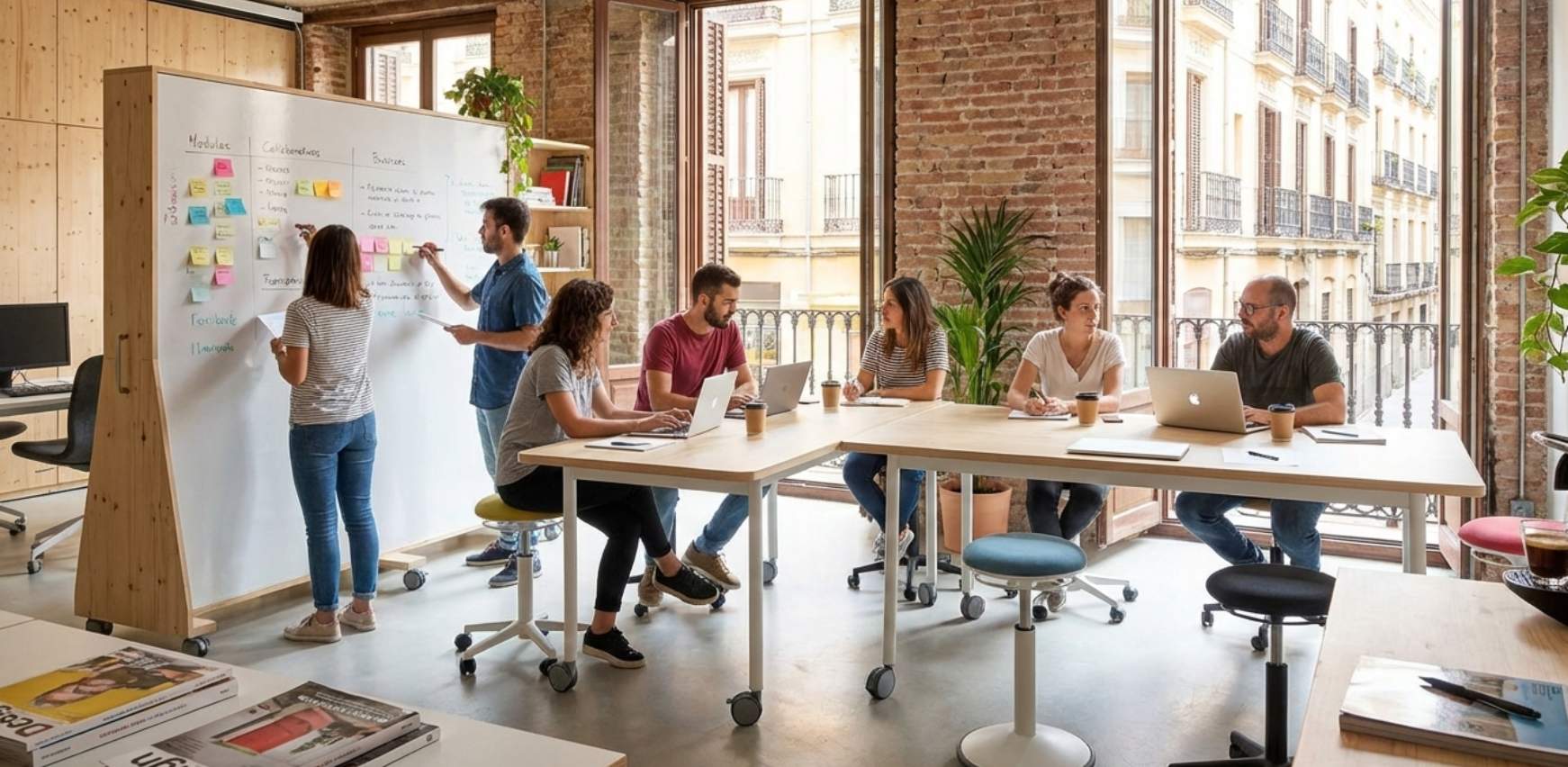 Oficina flexible con mobiliario modular y equipo haciendo brainstorming