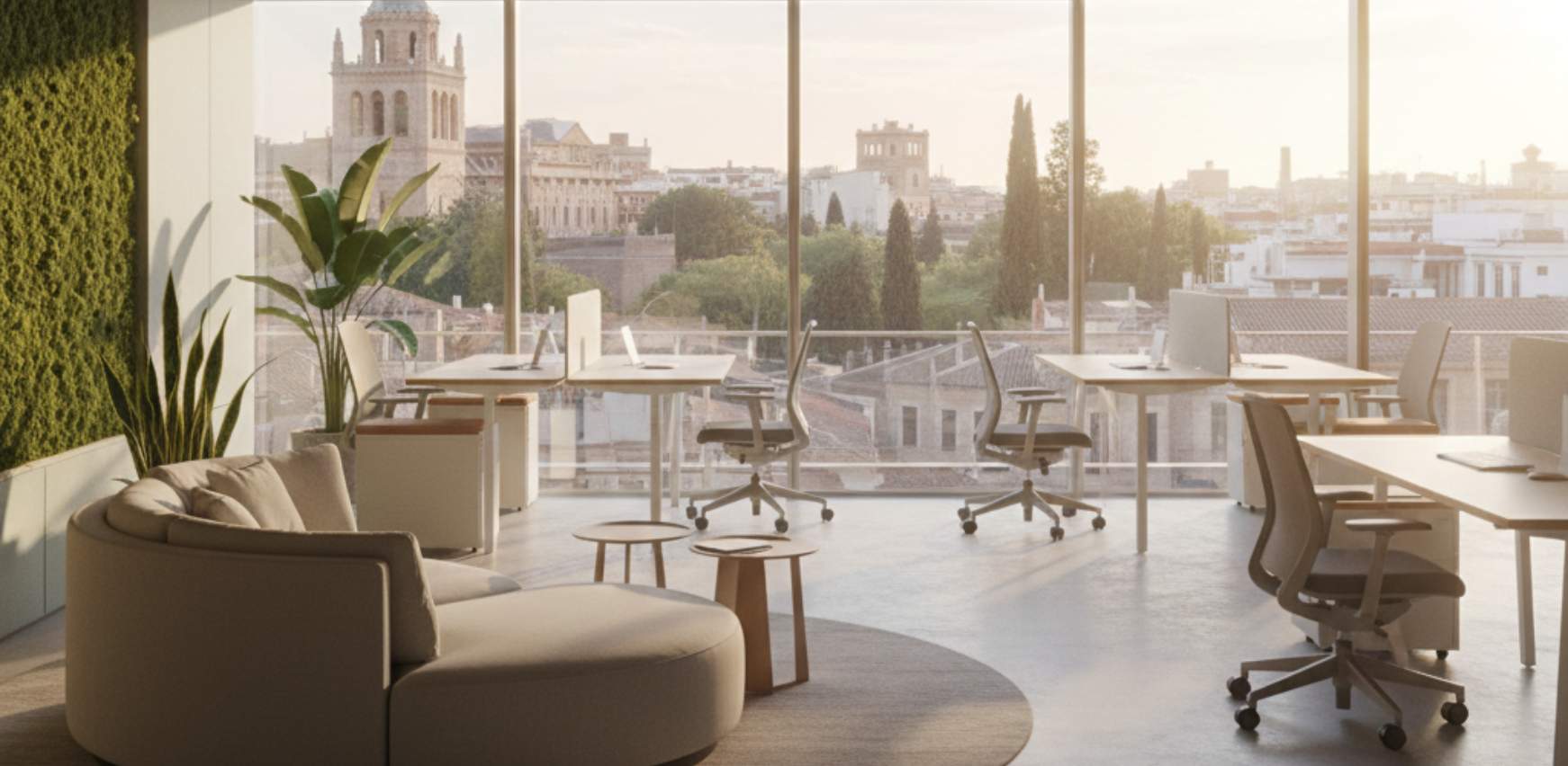 Oficina en tonos blancos y madera con gran ventanal y mobiliario moderno