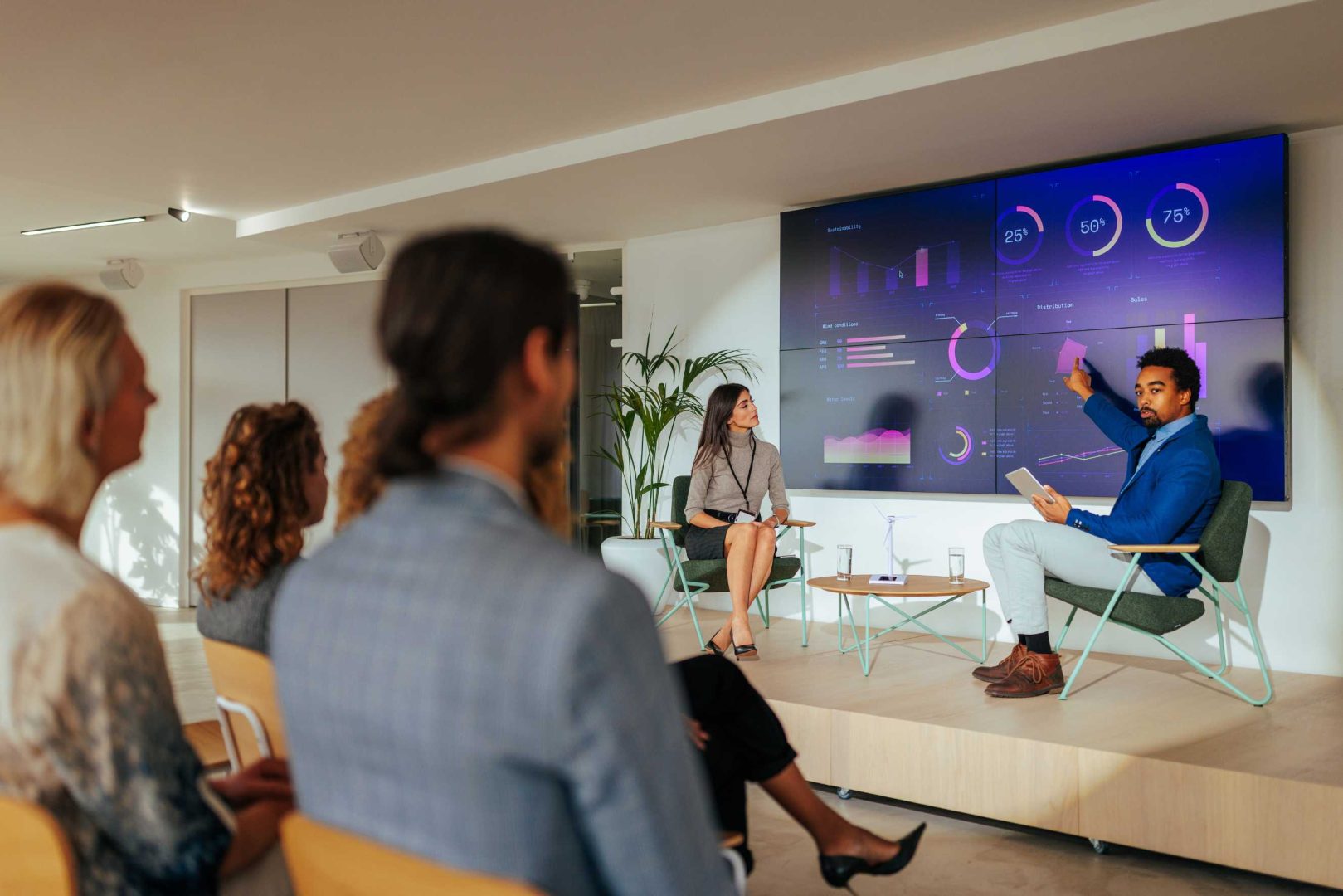 Salas de reuniones inteligentes, con pantallas interactivas en oficina